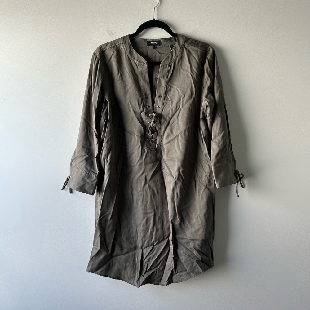 Theory olive green lace up neckline shirt style dress